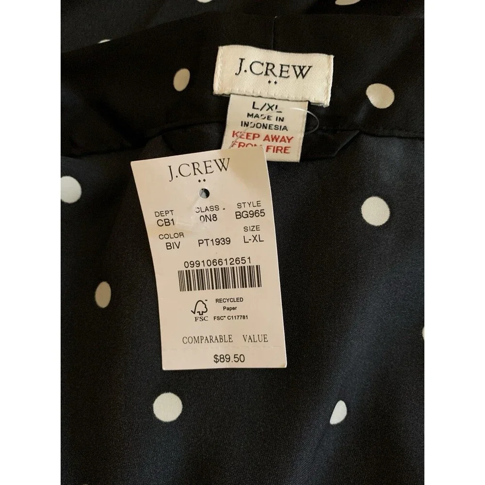 J Crew Size L XL Robe Black And White Polka Dot Belted 3/4 Length Sleeves NWT